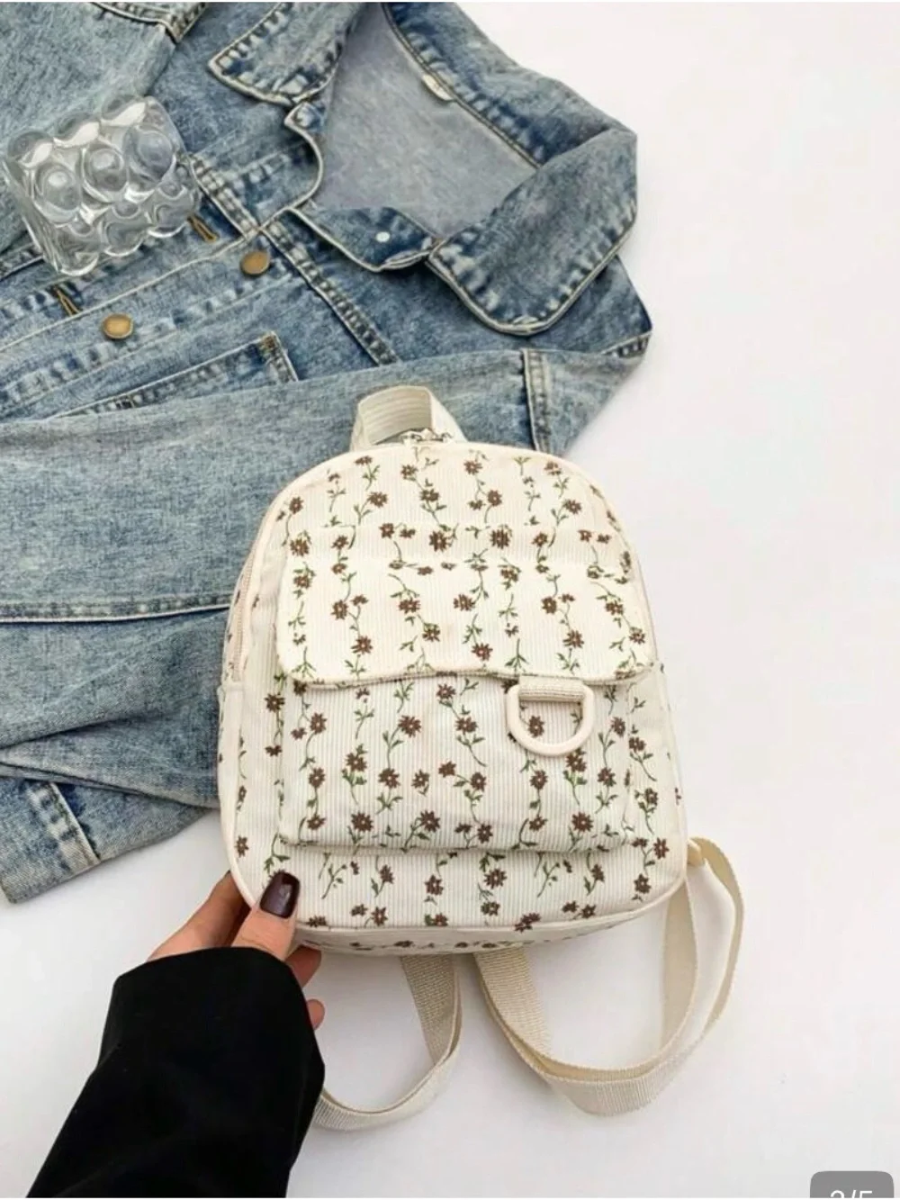 Mini Cream Floral Backpack with Front Pocket